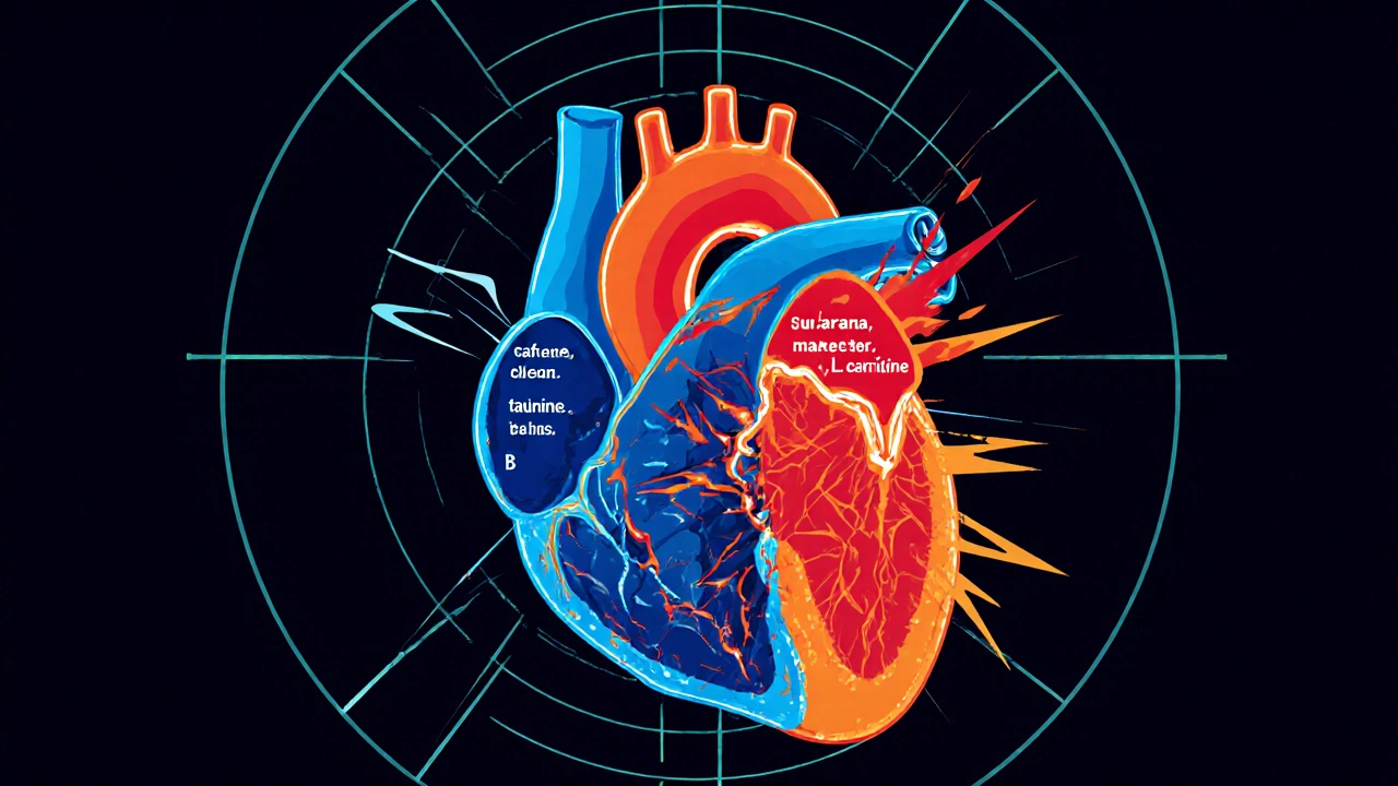 Heart illustration with Red Bull&#039;s simple ingredients in blue versus Monster&#039;s complex additives in red bursts.