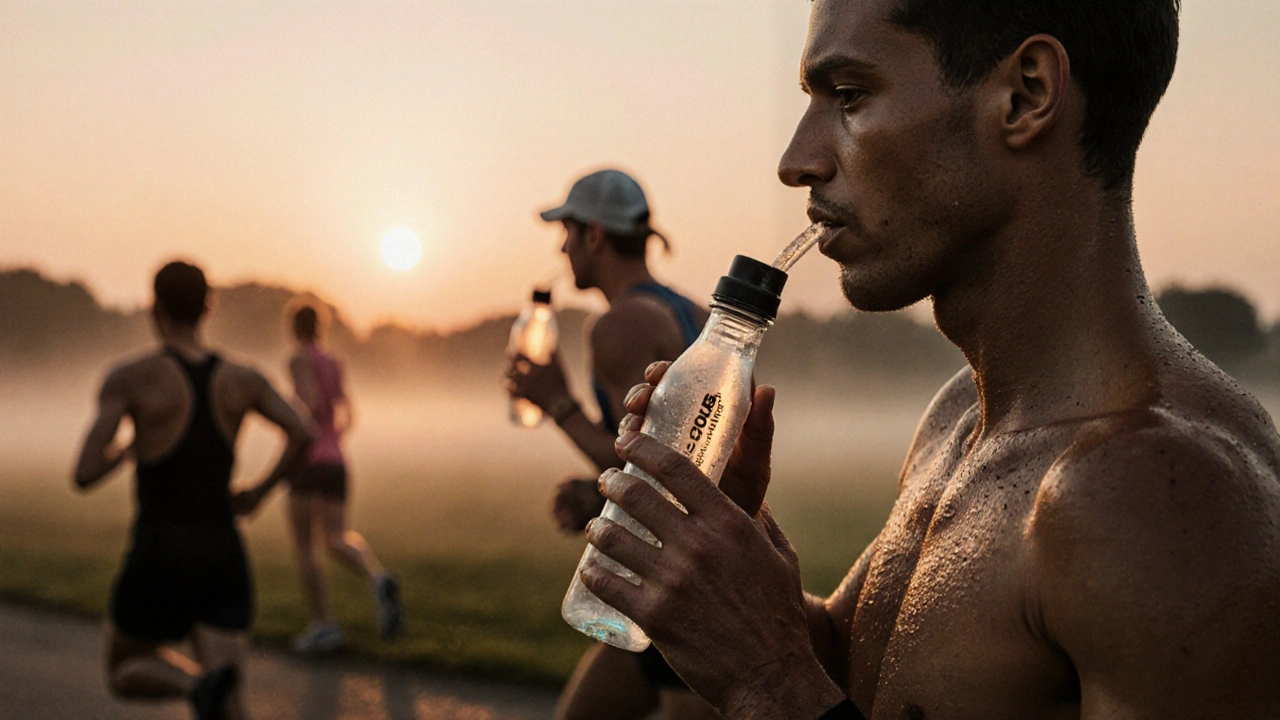 Marathon runner taking a slow sip from a hydration bottle at dawn during training, mist rising around them.