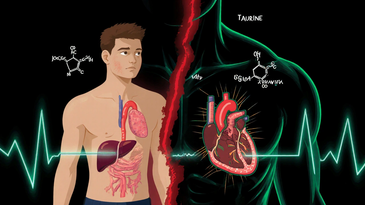 Medical illustration comparing healthy and damaged organs from energy drink consumption.