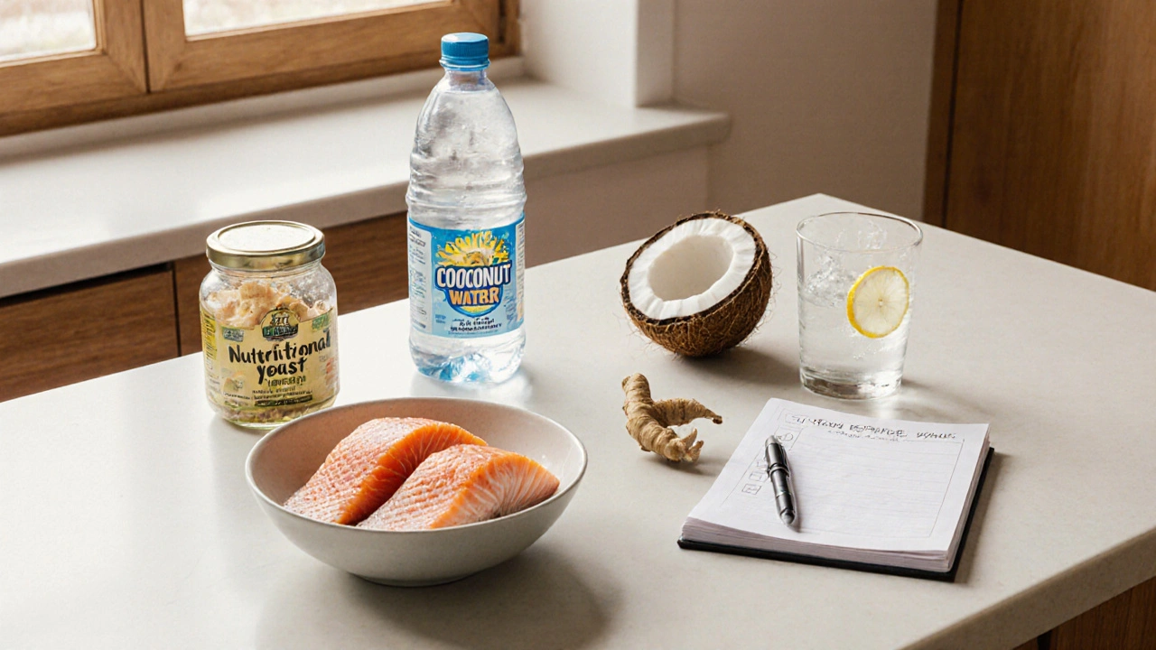 Natural energy foods and supplements arranged on a kitchen counter with lemon water.