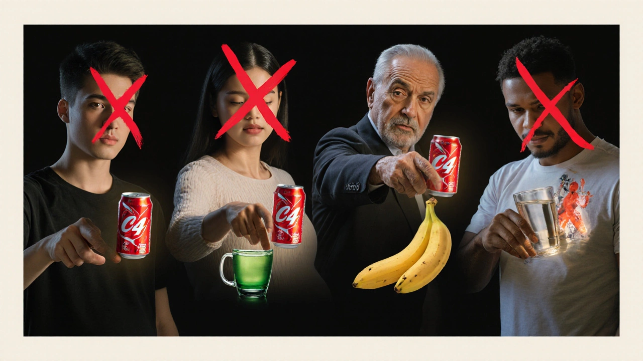 People prevented from drinking C4, with healthier options like coffee and tea glowing beside them.