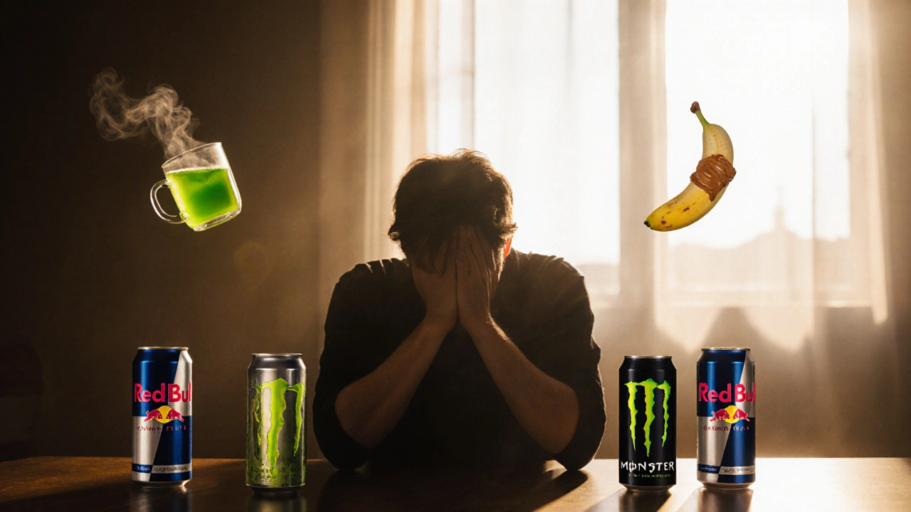 Person at desk surrounded by empty energy cans, with healthy alternatives glowing softly behind them.