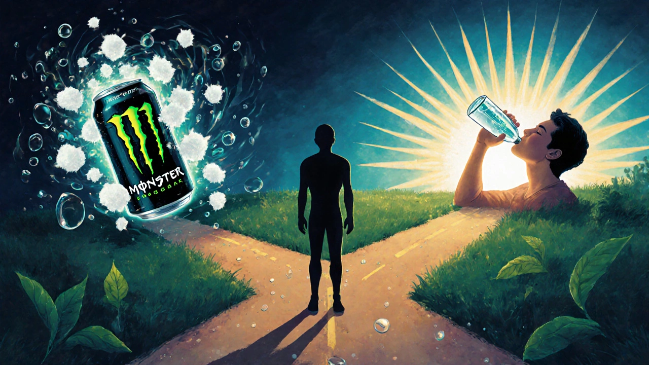 Person choosing between unhealthy energy drink and clean natural alternative