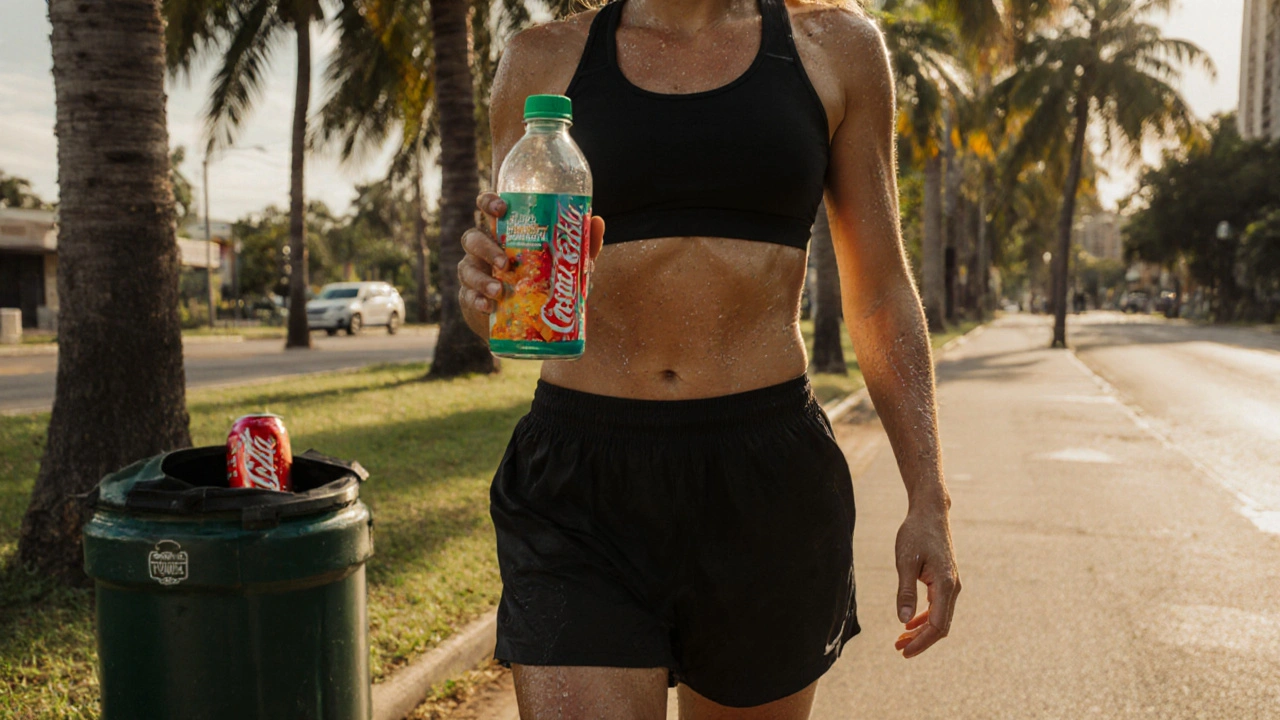 Person drinking electrolyte water while walking in a humid Brisbane street