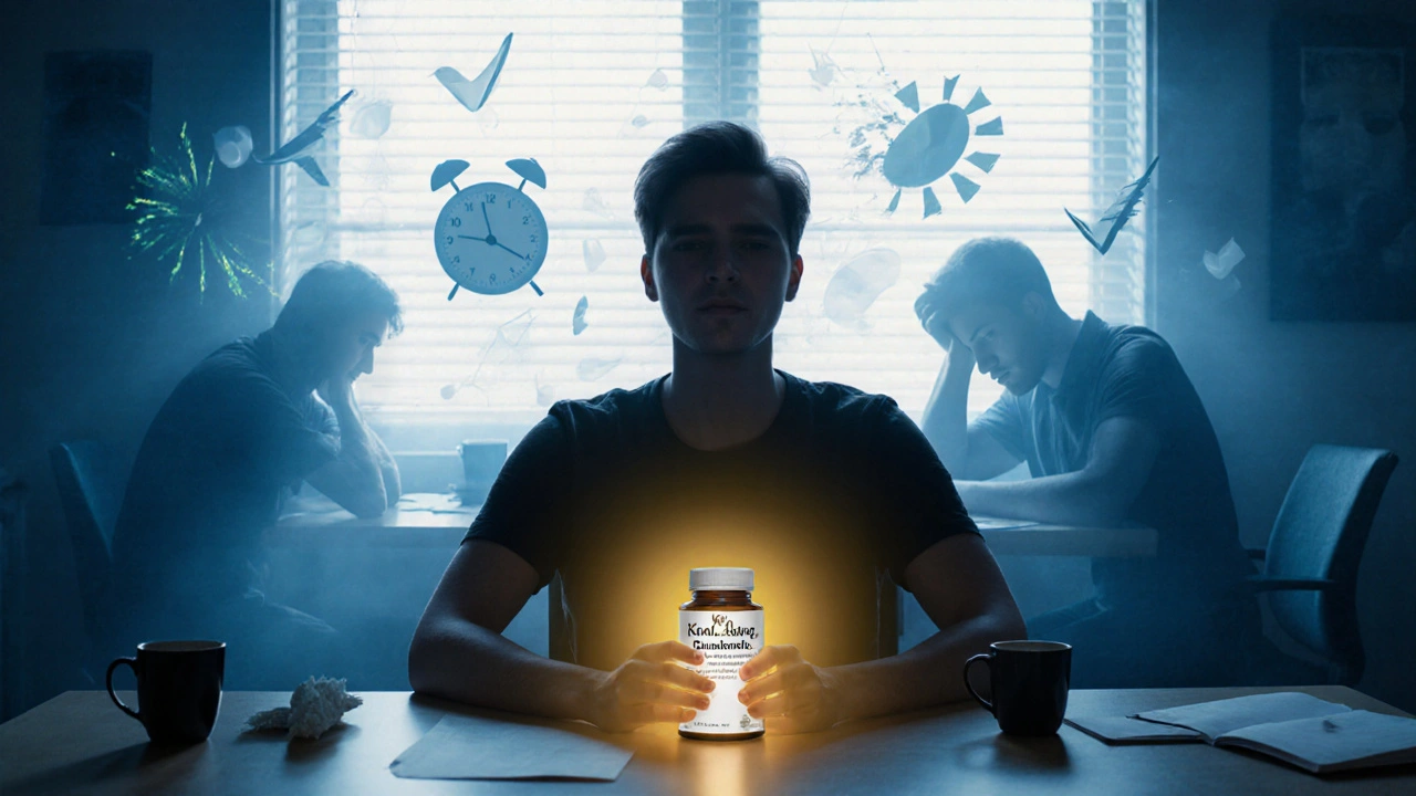 Person holding clean energy drink with calming aura, while chaotic energy crashes fade behind them.