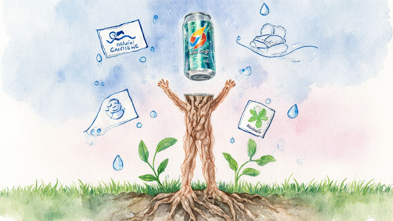 Person rooted in nature, holding a transparent energy drink as a temporary support, surrounded by health symbols.