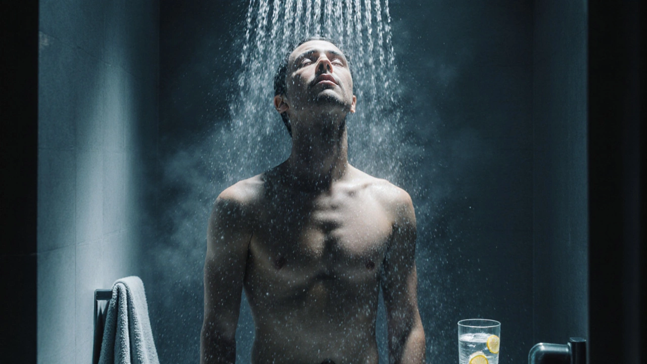 Person taking a cold shower, steam rising, with electrolyte water on counter.