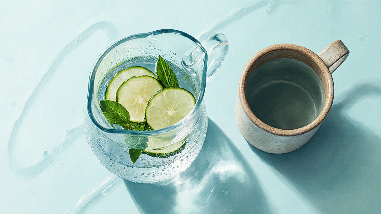 Pitcher of infused water with cucumber, lemon, and mint on a wooden surface