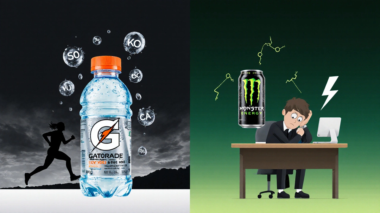 Side-by-side comparison of Gatorade and energy drink with symbolic elements.