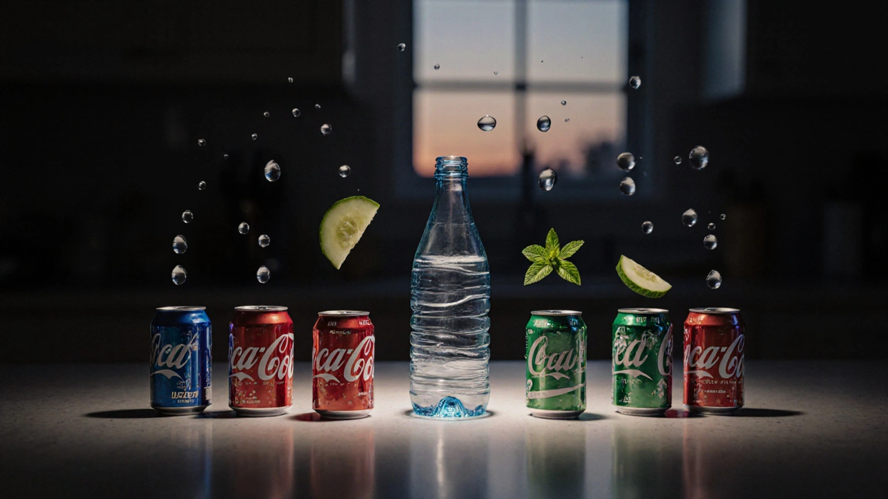 Soda cans transforming into water droplets and natural ingredients on a kitchen counter at dusk