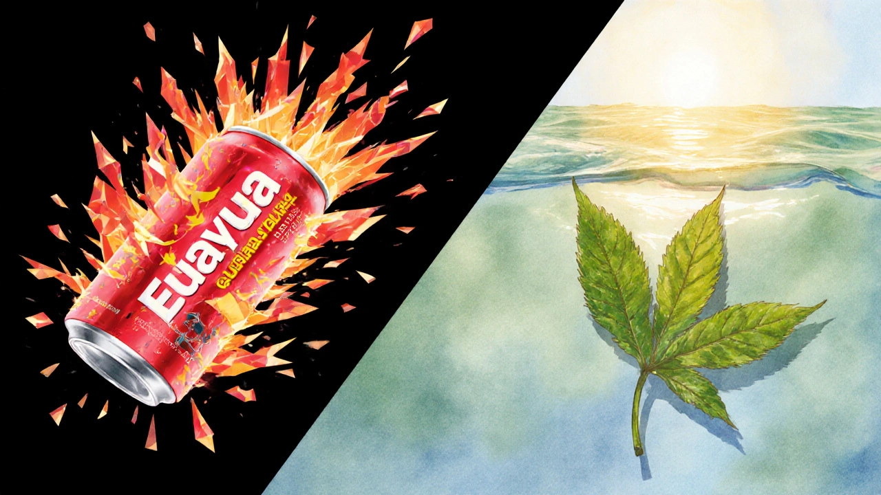 Split illustration: chaotic sugar crash vs. serene guayusa leaf with golden light.