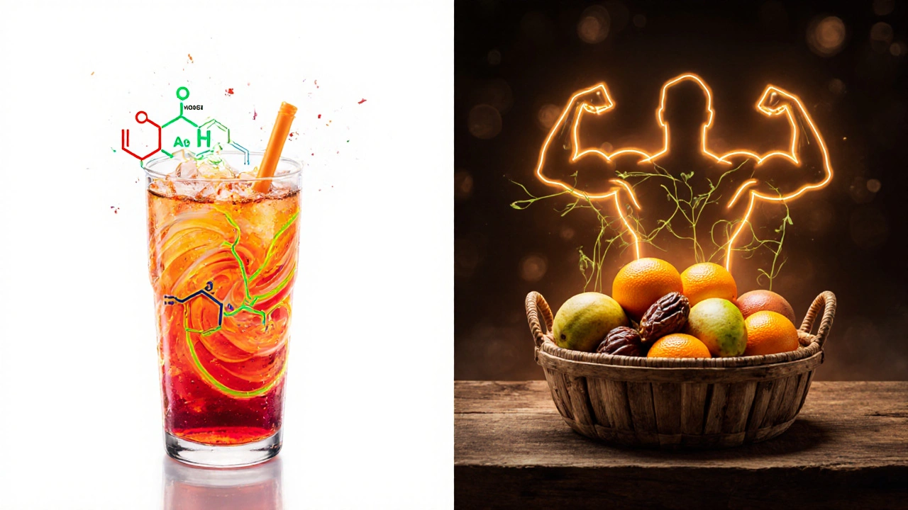 Split image comparing energy drink chemicals to natural fruits glowing with energy