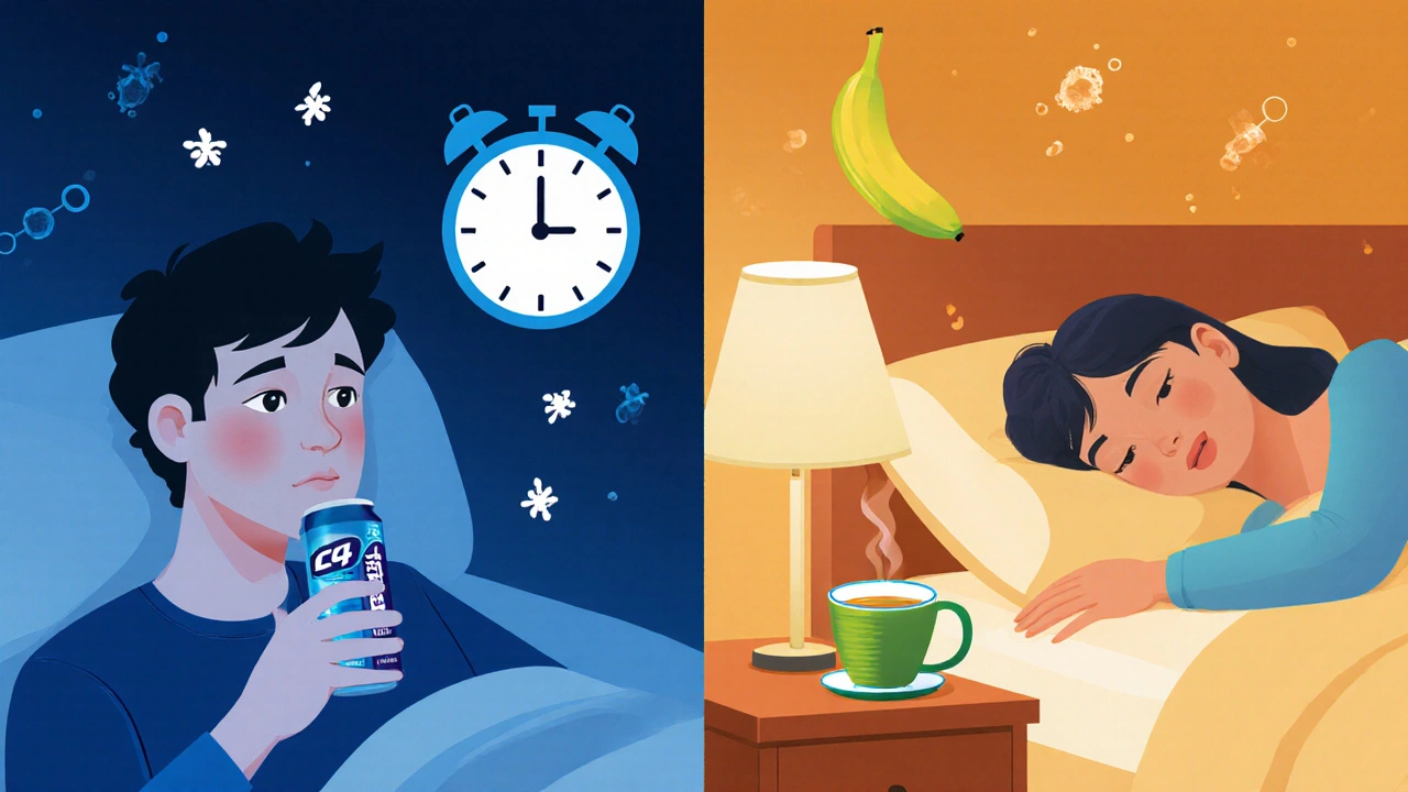 Split image: one side shows sleep disruption from drinking C4 at night, the other shows rest with natural alternatives.