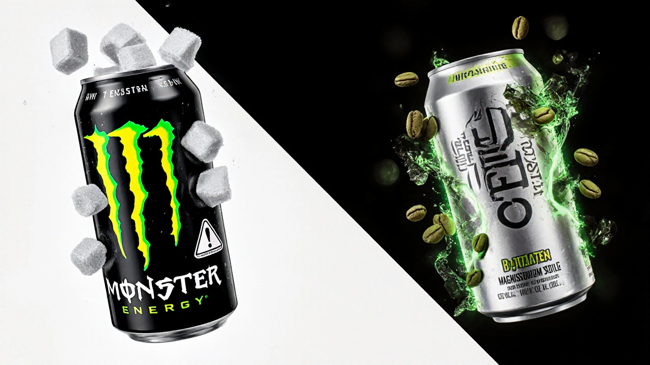 Split-screen comparison: unhealthy energy drink spilling sugar vs. clean energy drink with natural ingredients.