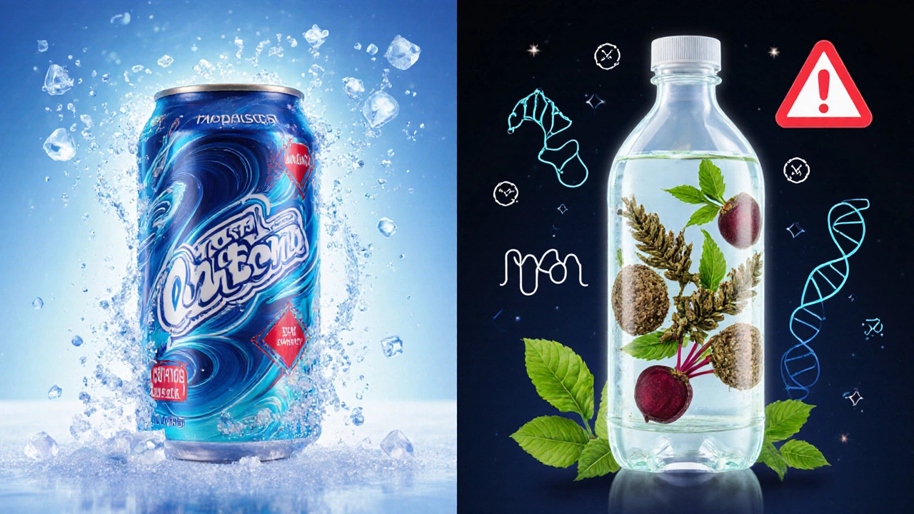 Split-screen contrast: artificial energy drink vs. natural ingredients like green tea and ashwagandha.