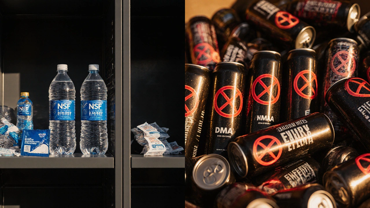 Split-screen: organized sports drinks on one side, banned energy drinks with warning symbols on the other.