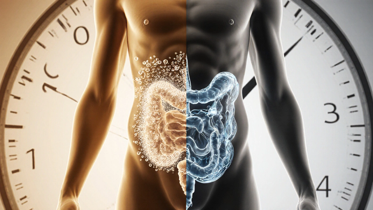 Split torso illustration showing unhealthy fat buildup vs. healthy toned abdomen with water symbolism