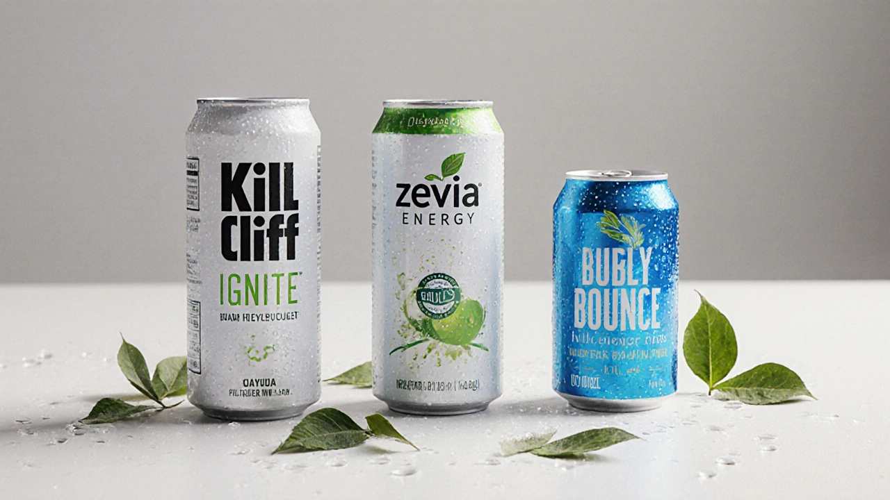 Three clean energy drink cans with natural ingredients displayed on white surface