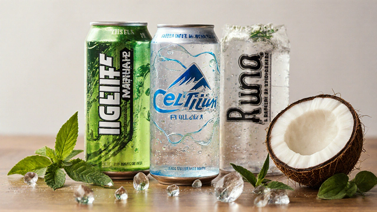 Three clean energy drinks with natural ingredients spilling out on wooden table.