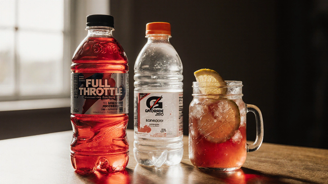 Three drinks side by side: Full Throttle, Gatorade Zero, and a homemade mix in a mason jar with citrus and salt.