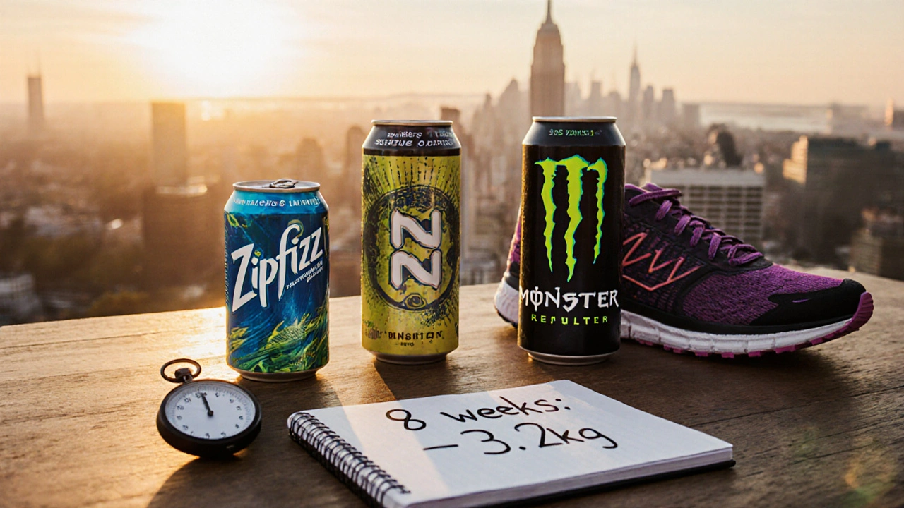 Three low-calorie energy drinks on a table with workout gear and a notebook showing weight loss progress.