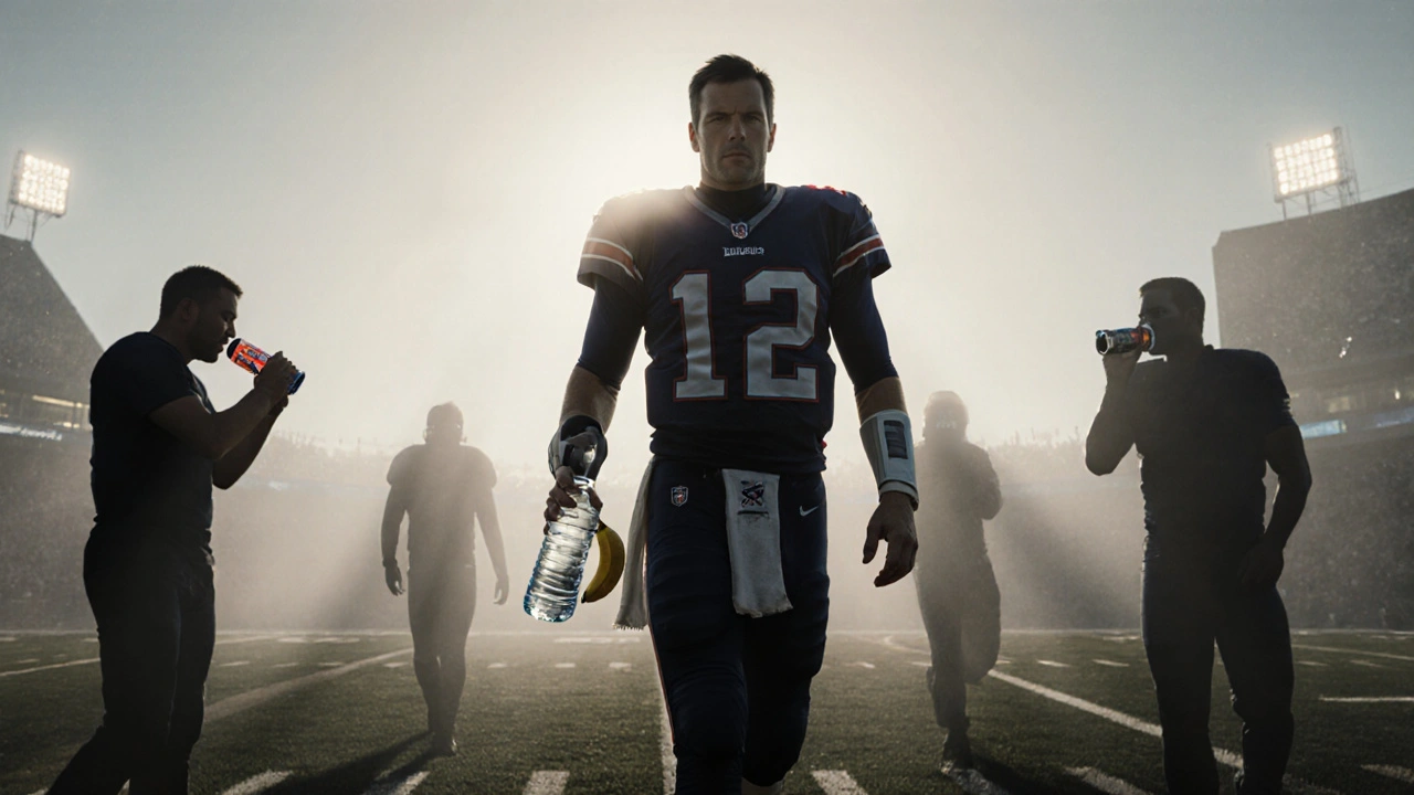 Tom Brady walking onto the field with water and banana, while others rely on energy drinks in the background.