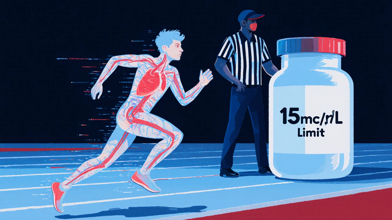 Translucent athlete sprinting with internal caffeine overload visible, shadowy referee holding urine test vial.