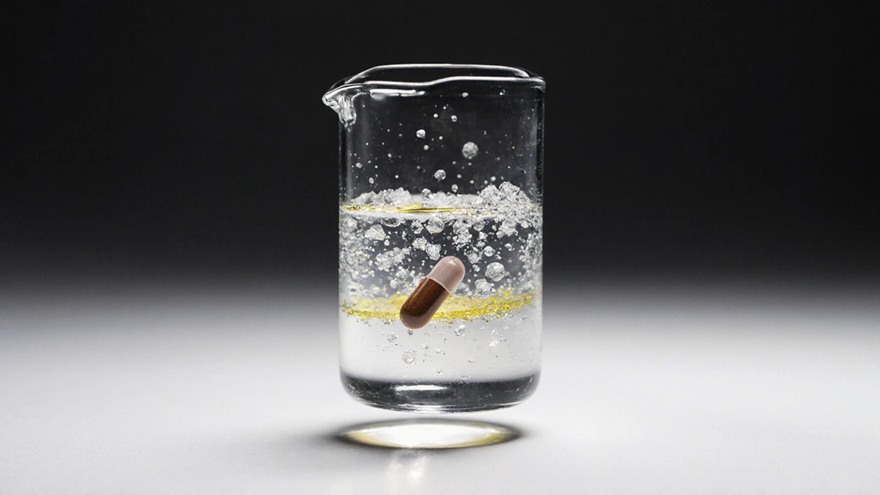 Transparent beaker showing layered hydration ingredients: water, electrolytes, and dissolving caffeine capsule.