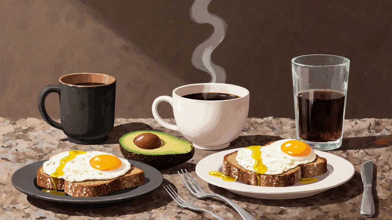 Weightlifter&#039;s breakfast with eggs, avocado, and whole grain toast.