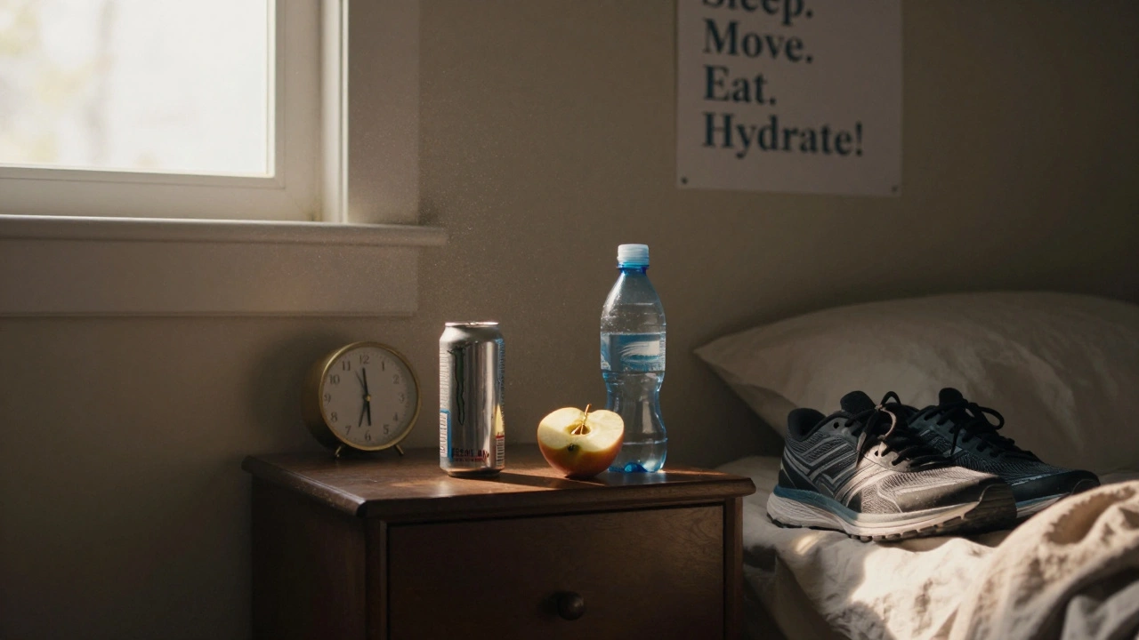 A bedroom at dawn with an empty energy drink can next to water, fruit, and shoes, sunlight streaming in.