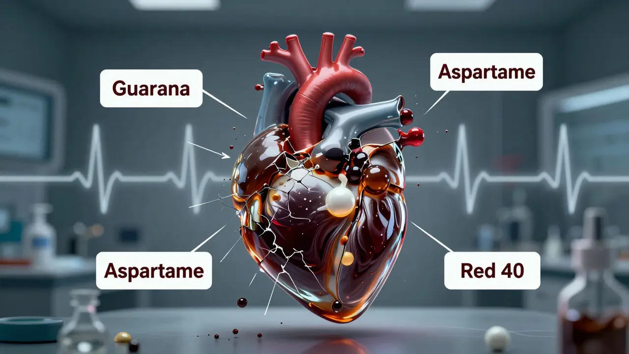 A cracked glass heart filled with chemical additives and caffeine spikes.