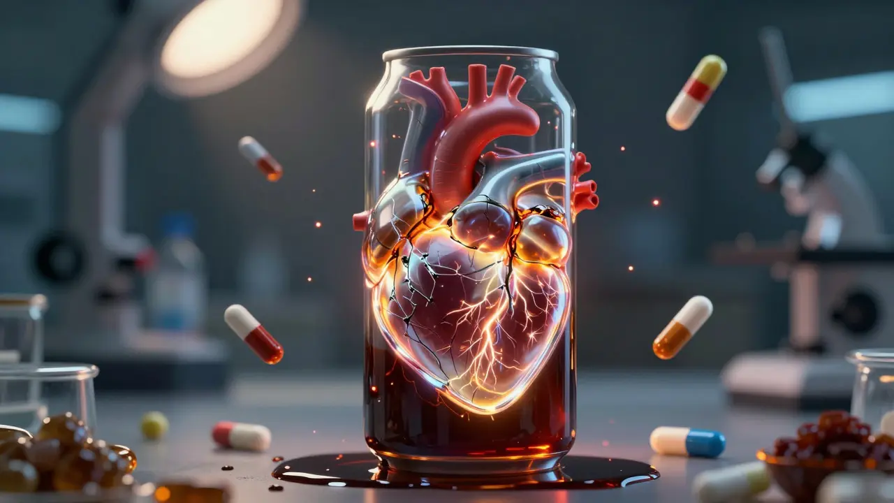 A cracked glass heart inside a Sting can filled with syrup, surrounded by chemical additives