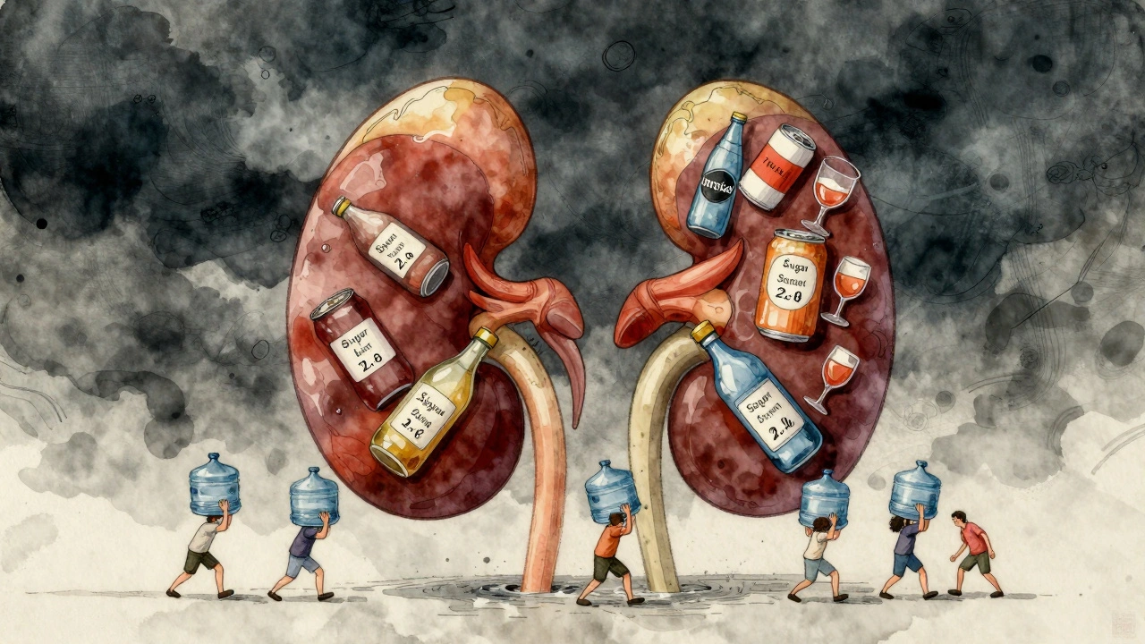 A kidney filtered by a river of sugary drinks under a stormy sky, with tiny humans carrying water jugs toward it.