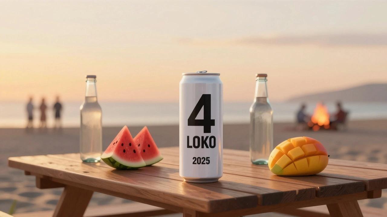 A modern 4 Loko can on a picnic table at sunset, styled as a casual alcoholic beverage with no energy drink cues.