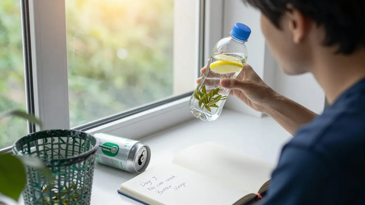 A person drinking green tea at sunrise beside a discarded energy drink can.