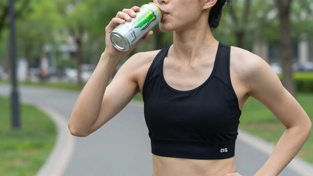 A person sipping a green tea energy drink before jogging in a park, can clearly visible.