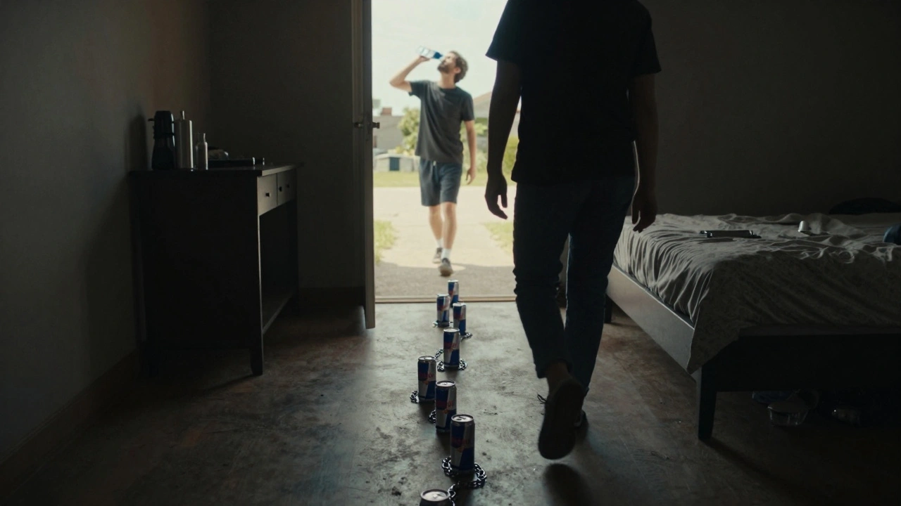 A person walking away from empty energy drink cans toward a sunlit healthy lifestyle.
