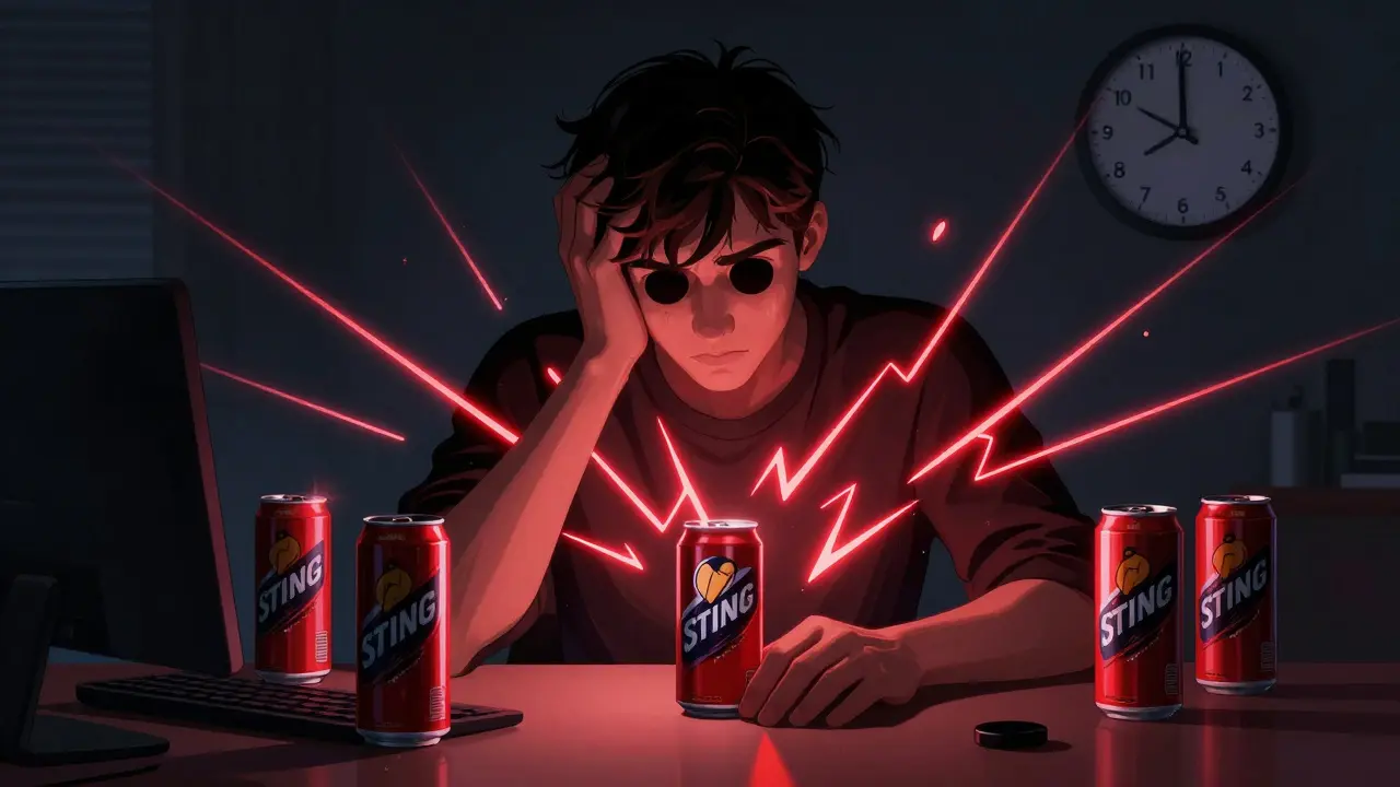 A tired young person surrounded by empty energy drink cans with glowing energy spikes