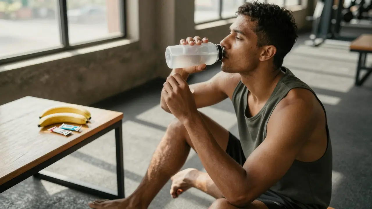 An athlete drinking coconut water after training, with banana and electrolyte tablets on a table in natural light.