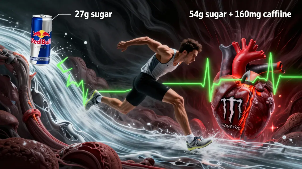 An athlete in motion with visual overlays showing sugar and caffeine effects on heart and liver from energy drinks.
