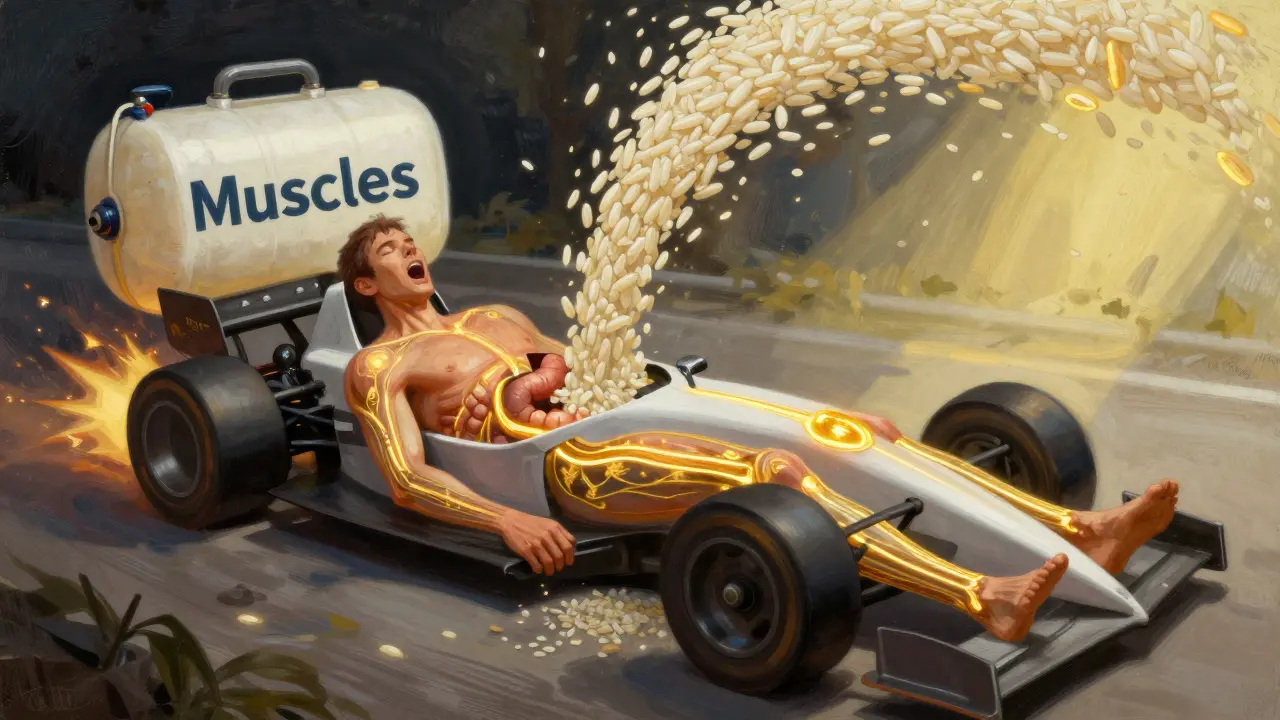 Artistic representation of rice fueling an athlete's muscles like a car's engine