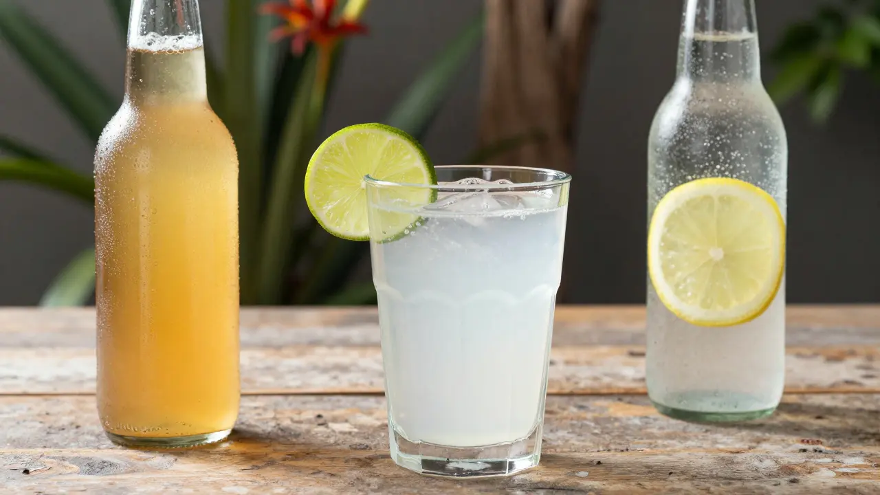 Assorted healthy drinks: kombucha, coconut water, and sparkling water with citrus