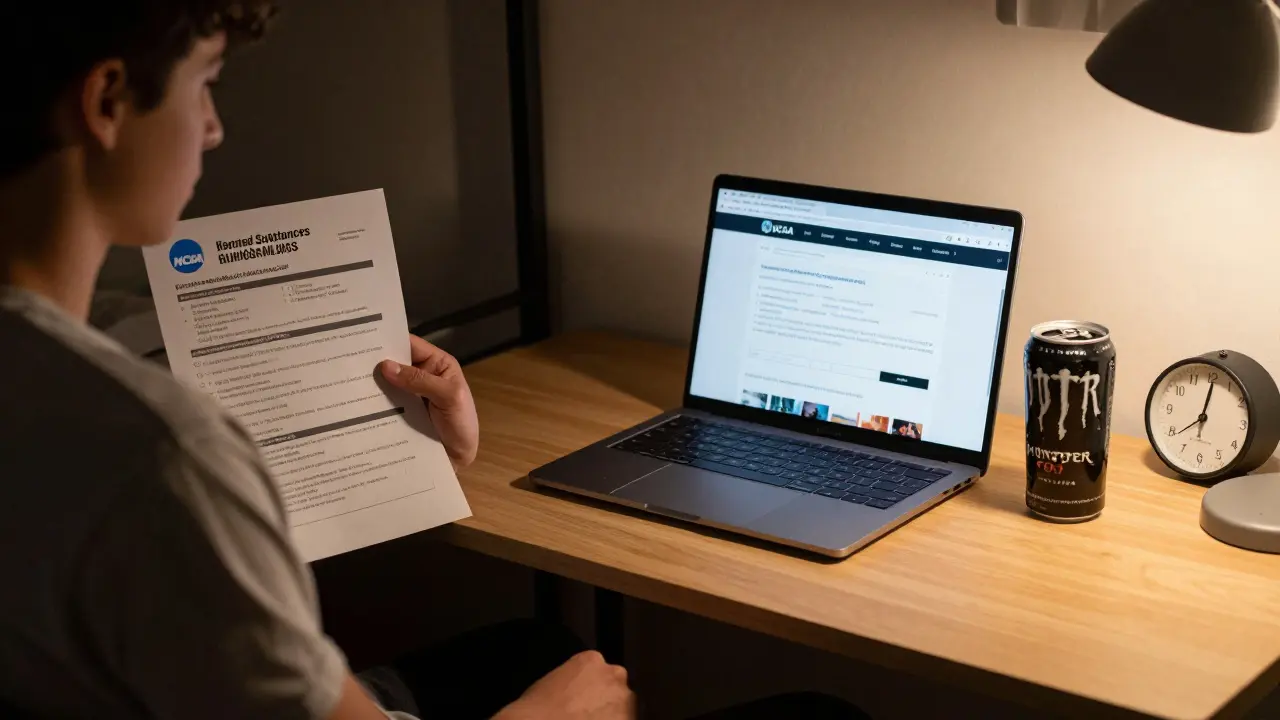 Athlete reviewing NCAA banned substances list in a dim dorm room at night.