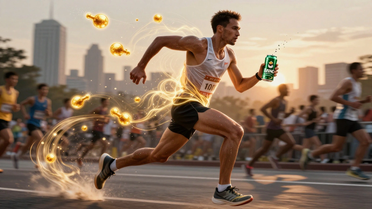 Athlete running a marathon with glowing caffeine energy trails rising from a drink can.