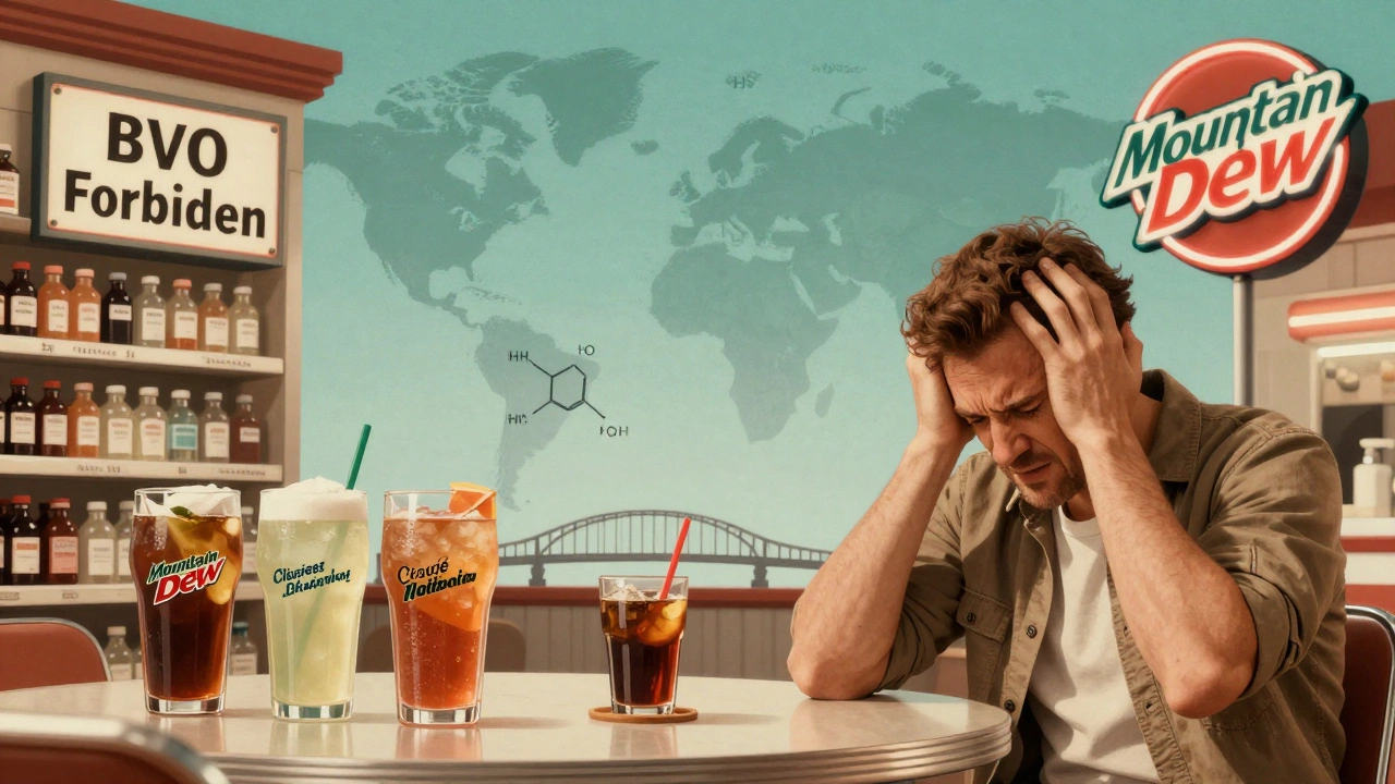 Divided world illustration: Europe with safe drinks vs. 1970s America with Mountain Dew and health risks.