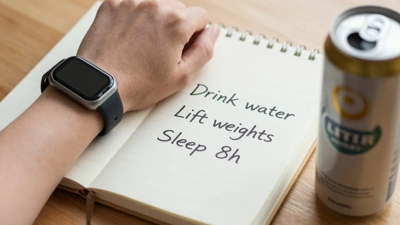 Fitness tracker and notebook with health goals, with a low-calorie energy drink in the blurred background.