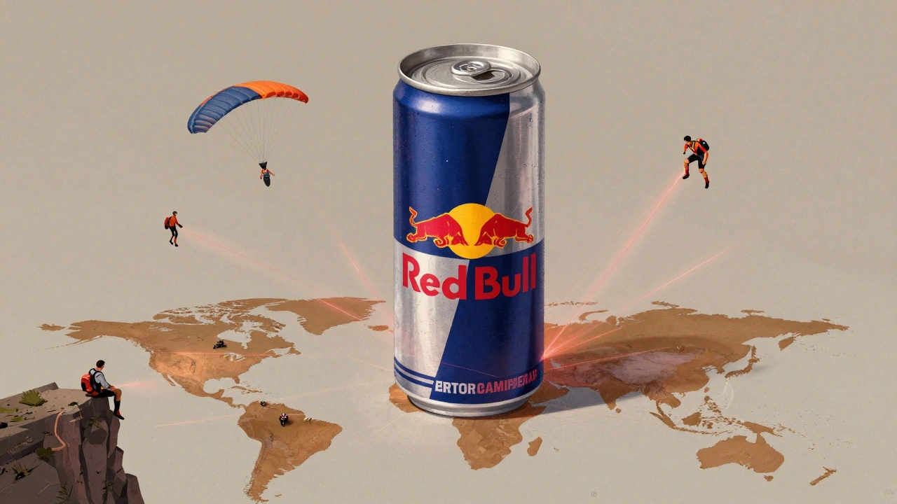 Giant Red Bull can rising over a world map with athletes connected by energy lines.