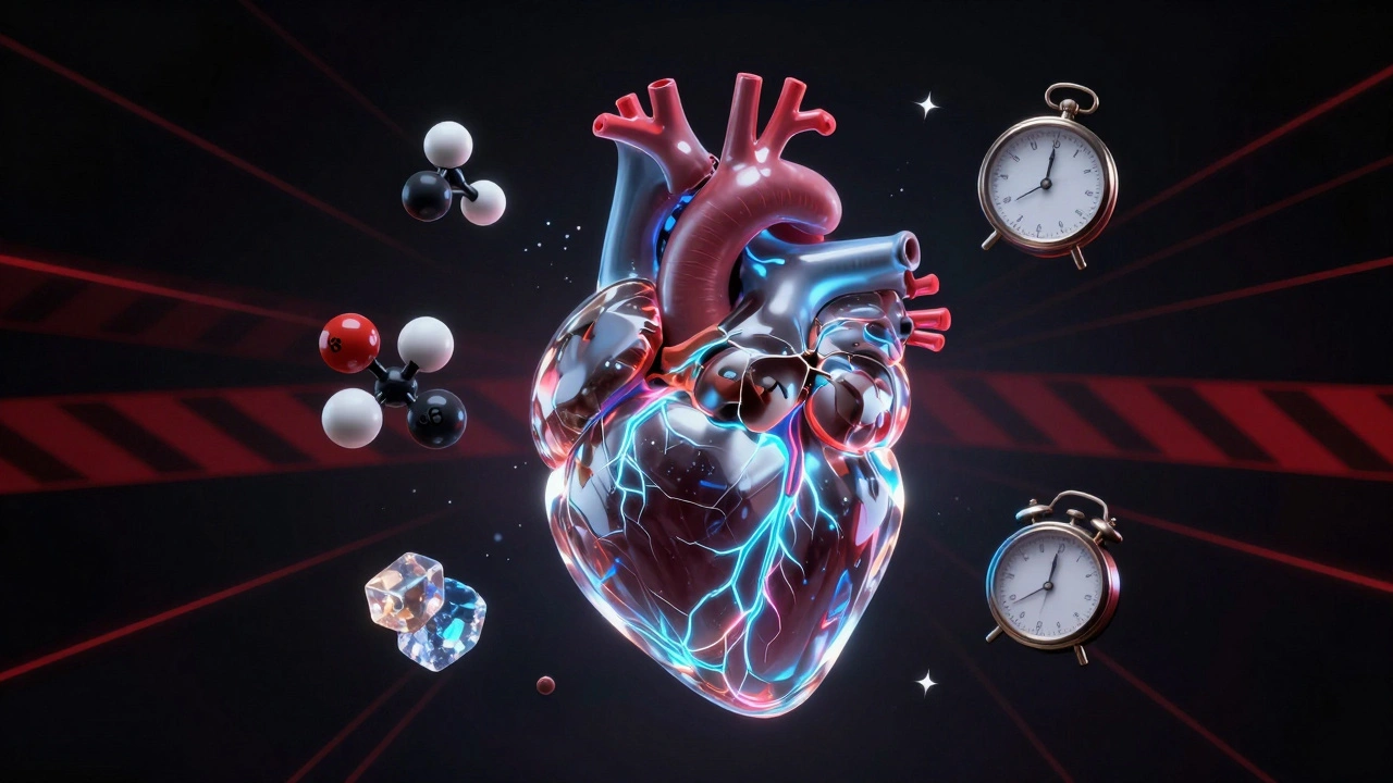 Glass heart with glowing caffeine and sweetener symbols inside, cracked and radiating warning lines