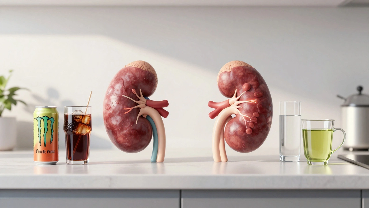 Healthy and damaged kidneys side by side with common beverages, contrasted against water and green tea.