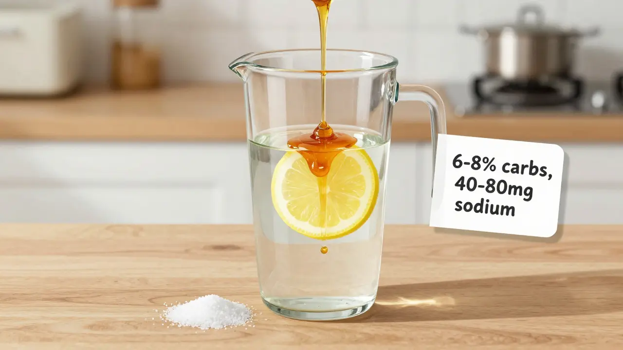Homemade sports drink being made with water, salt, honey, and lemon in a glass pitcher.
